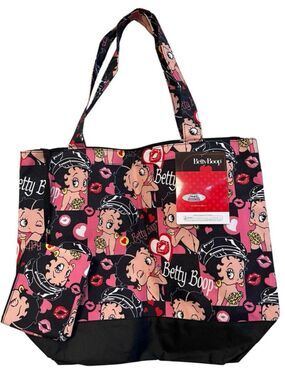 Betty Boop Large Tote Bag and Coin Purse Set Pink Black Canvas Zips NWT